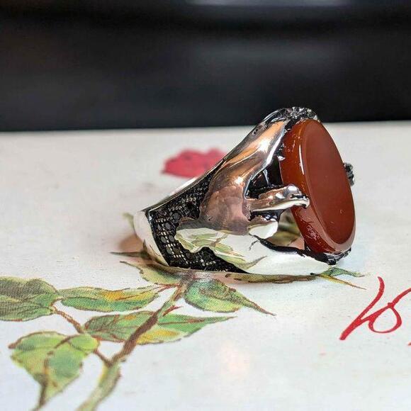 Eagle Feather Hold Red Onyx Mens Ring 925 Sterling silver Turkish Fine Jewelry - Picture 2 of 9